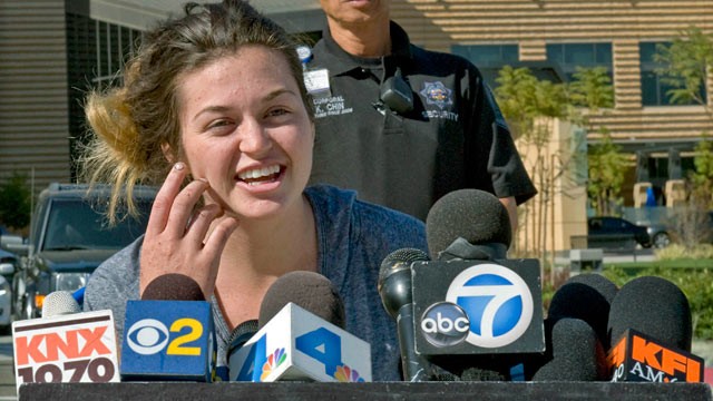 PHOTO: Kyndall Jack, one of the two hikers who became lost for nearly a week in the Cleveland National Forest last week, talks about her ordeal and thanks rescuers during a news conference outside UCI Medical Center in Orange, Calif., on April 8, 2013.