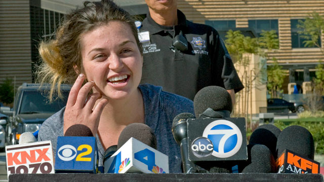 PHOTO: Kyndall Jack, one of the two hikers who became lost for nearly a week in the Cleveland National Forest last week, talks about her ordeal and thanks rescuers during a news conference outside UCI Medical Center in Orange, Calif., on April 8, 2013.