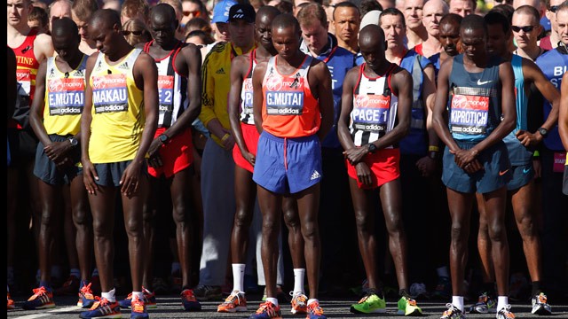 PHOTO: Runners observe a 30 second silent in memory of Boston Marathon bombings before the start during the London Marathon, London, Sunday, April 21, 2013.
