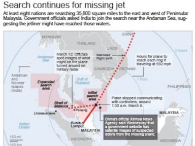 PHOTO: Map shows search areas for missing Malaysia Airlines jet which has been expanded, March 13, 2014.