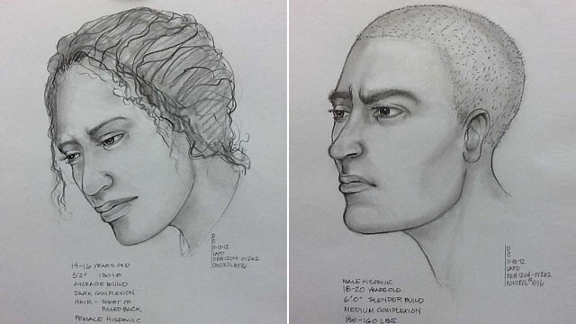 PHOTO: These composite sketches provided by the Los Angeles Police Department, Nov. 13, 2012, show a suspect, right, in the possible abduction of a teenage girl, right, after witnesses reported seeing the suspect drag the victim away by her hair.