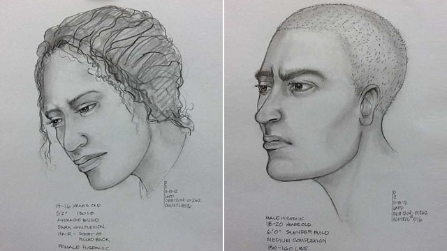 PHOTO: These composite sketches provided by the Los Angeles Police Department, Nov. 13, 2012, show a suspect, right, in the possible abduction of a teenage girl, right, after witnesses reported seeing the suspect drag the victim away by her hair.