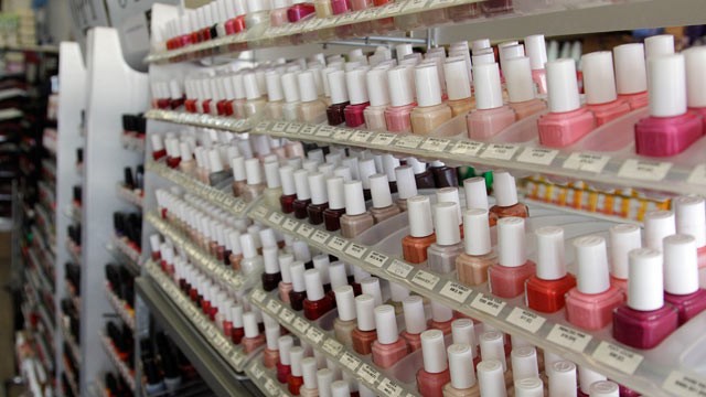 PHOTO: Nail care products are displayed at a beauty supply shop in San Francisco, on April 9, 2012.