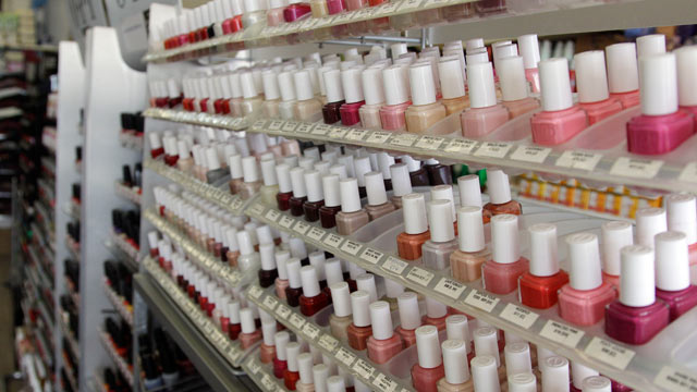 PHOTO: Nail care products are displayed at a beauty supply shop in San Francisco, on April 9, 2012.