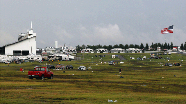 PHOTO: Mostly empty camping and parking lots appear behind the grandstands after the NASCAR Sprint Cup Series auto race, Sunday, Aug. 5, 2012, at Pocono Raceway in Long Pond, Pa. A lightning strike in the parking lot after the rain-shortened race killed a