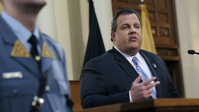 PHOTO: A New Jersey state trooper stands nearby in the Assembly Chamber of the Statehouse in Trenton, N.J., as Gov. Chris Christie delivers his budget address in this Feb. 21, 2012 file photo.