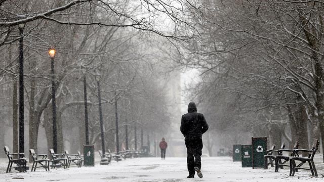 PHOTO: A pedestrian walks through the snow in Washington Park, Feb. 8, 2013, in Albany, New York.