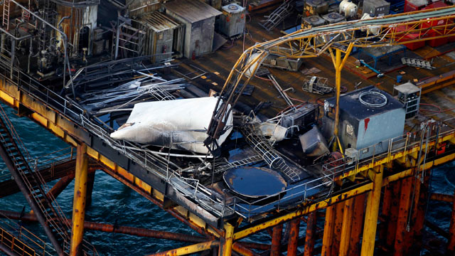 PHOTO: This aerial photograph shows damage from an explosion and fire on an oil rig in the Gulf of Mexico, about 25 miles southeast of Grand Isle, La., Nov. 16, 2012.