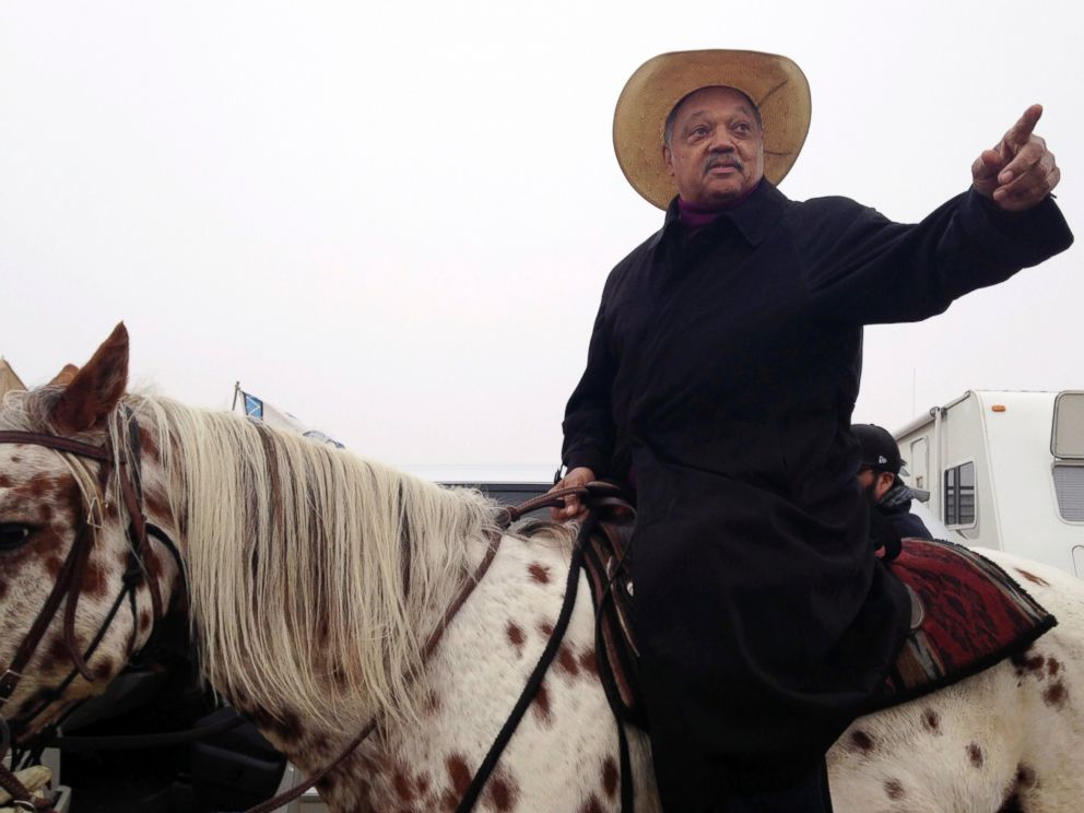 PHOTO: Civil rights activist Jesse Jackson sits atop a horse, Oct. 26, 2016, while visiting the protest camp against the Dakota Access oil pipeline outside Cannon Ball, North Dakota.