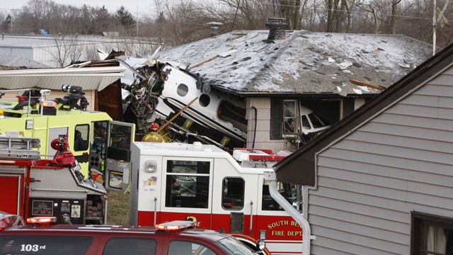 PHOTO: The front end of a Hawker Beachcraft Premier jet sits in a room of a home on Iowa Street in South Bend, Ind., Sunday, March 17, 2013.