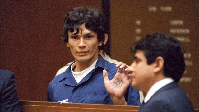 PHOTO: Richard Ramirez, known as the Night Stalker, displays a pentagram symbol on his hand inside a Los Angeles courtroom, in this Oct. 24, 1985 photo.