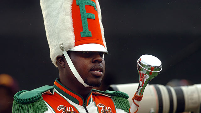 PHOTO: Robert Champion, a drum major in Florida A&M Universitys Marching 100 band, performs during halftime of a football game in Orlando, Fla.