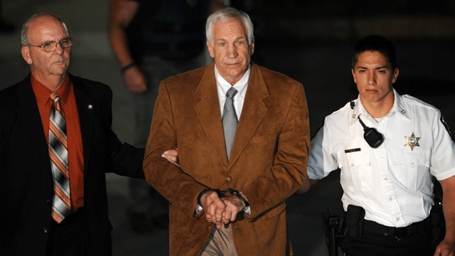 PHOTO: Jerry Sandusky leaves the Centre County Courthouse Friday, June 22, 2012, after being found guilty in his sexual abuse trial, in Bellefonte, Pa. Sandusky was convicted of sexually assaulting 10 boys over 15 years Friday, accusations that had sent s