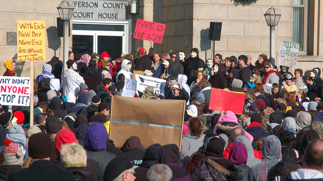PHOTO: Activists from the online group KnightSec and Anonymous protest are shown at the Jefferson County Courthouse in Steubenville, Ohio, Jan. 5, 2013.