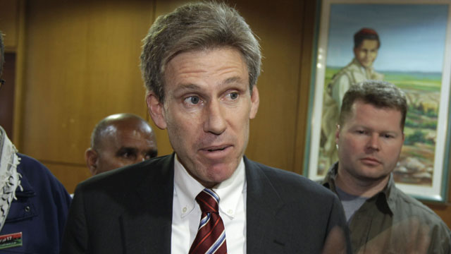 PHOTO: In this Monday, April 11, 2011 file photo, U.S. envoy Chris Stevens speaks to local media at the Tibesty Hotel where an African Union delegation was meeting with opposition leaders in Benghazi, Libya.
