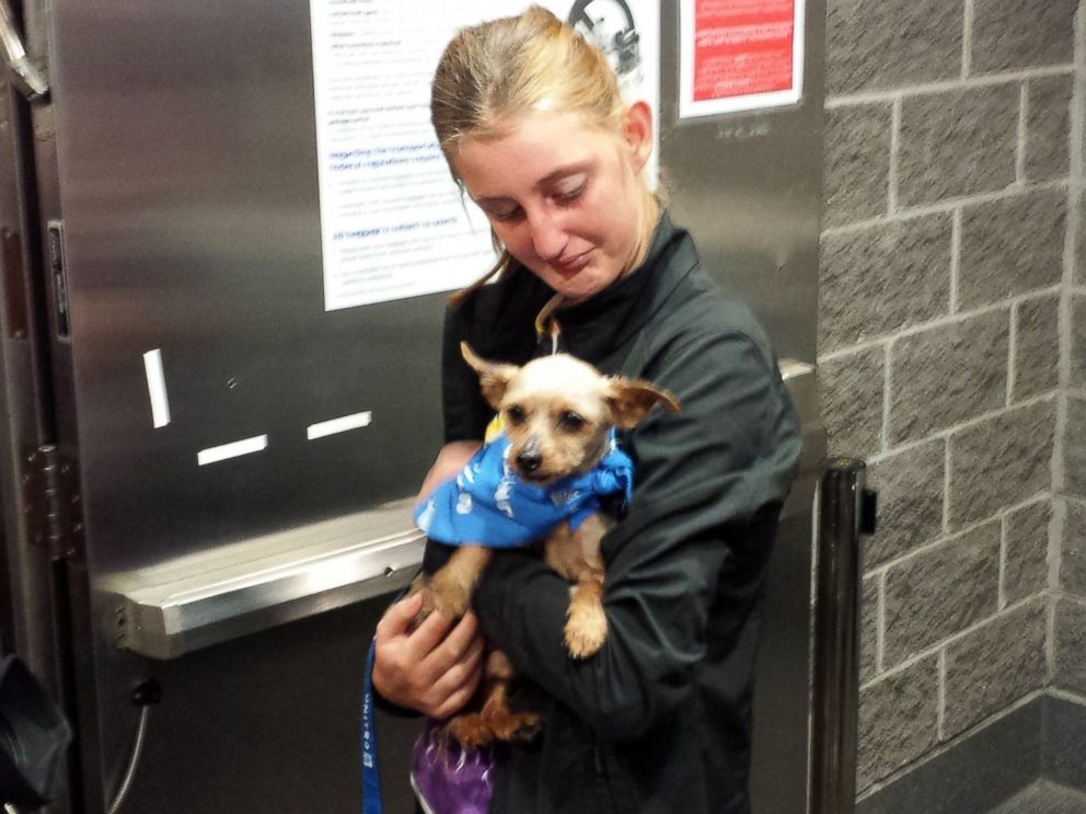 PHOTO: Karisa Lambert, 14, reacts as she is reunited with her stolen Yorkshire terrier Sam, at Louis Armstrong New Orleans International Airport in Kenner, La., April 29, 2015.