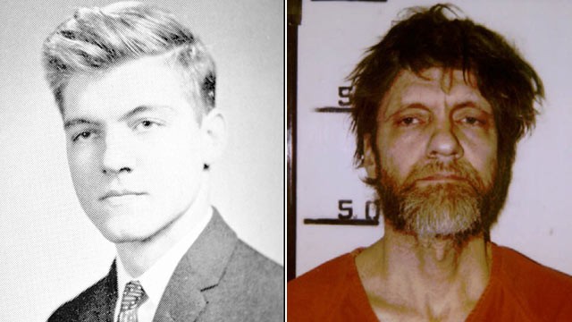 PHOTO: Ted Kaczynski, also known as the Unabomber, as a student of 16 at Harvard University and in his booking mugshot after being sentenced to eight life sentences in 1996.