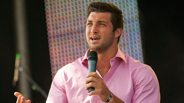 PHOTO: New York Jets quarterback Tim Tebow speaks at the Easter service of Celebration Church in Georgetown, Texas, Sunday, April 8, 2012.