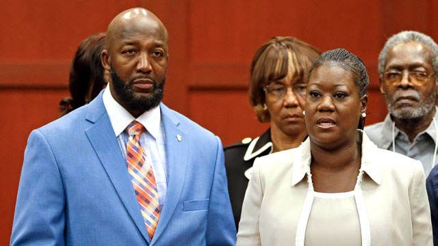 PHOTO: Tracy Martin, left, and Sybrina Fulton, parents of slain teen Trayvon Martin, speak in a news conference prior to opening arguments in the trial of George Zimmerman at the Seminole County Courthouse, June 24, 2013, in Sanford, Fla.