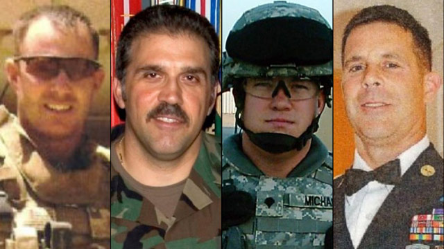 PHOTO: From left: Sgt. Maj. Gary Stouffer, 37; Sgt. Maj. Lawrence Boivin, 47; Army Sgt. Joshua Michael, 34, and Sgt. Maj. William Lubbers, 43, four veterans killed when a parade float they were riding on was struck by a freight train at a crossing Thursda