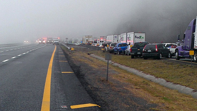 PHOTO: This image provided by WXII Channel 12 news, shows the scene following a 75-vehicle pileup on Interstate 77 near the Virginia-North Carolina border in Galax, Va., on Sunday, March 31, 2013.