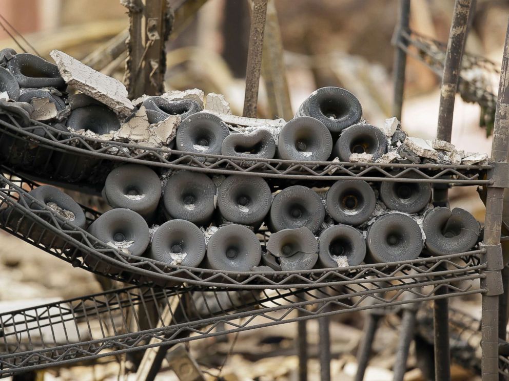 PHOTO: A rack of burned bottles of wine are seen at the Signorello Estate winery, Oct. 10, 2017, in Napa, Calif.