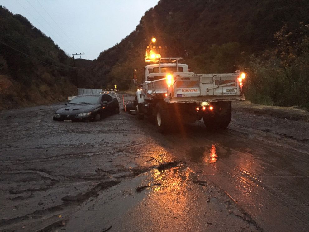 PHOTO: A car is stuck in the mud in La Tuna Canyon after heavy rain caused mudslides in California, Jan. 9, 2018. 