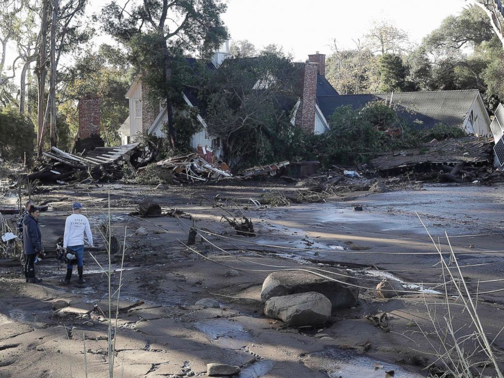 PHOTO: A damaged home in Montecito, Calif., Jan. 10, 2018 after dozens of homes were swept away or heavily damaged after heavy rains brought mud and boulders roaring down hills stripped of vegetation by a wildfire last month.