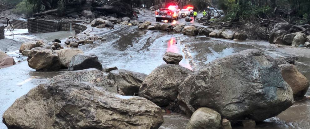 PHOTO: Mud and debris flow on the roadway due to heavy rain in Montecito. Calif., Jan. 9, 2018. 
