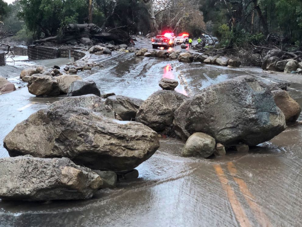 PHOTO: Mud and debris flow on the roadway due to heavy rain in Montecito. Calif., Jan. 9, 2018. 