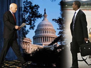 Pic image of Sens. Barack Obama and John McCain on the left and right with a center picture of the U.S. Capitol in Washington, where the Senate will vote on the economic recovery package or bailout.