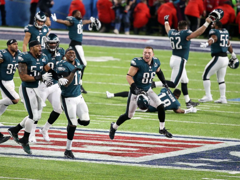 PHOTO: The Philadelphia Eagles celebrate after defeating the New England Patriots in Super Bowl LII at U.S. Bank Stadium on Feb 4, 2018 in Minneapolis.