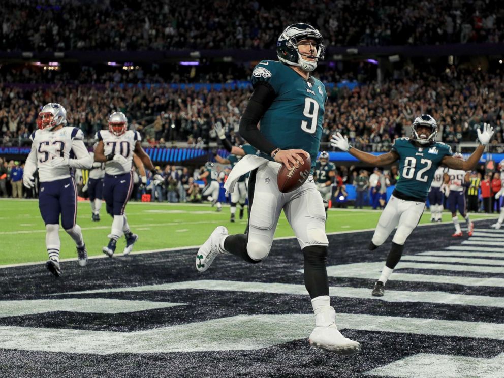 PHOTO: Nick Foles of the Philadelphia Eagles reacts after a 1-yard touchdown reception against the New England Patriots during the second quarter in Super Bowl LII at U.S. Bank Stadium on Feb. 4, 2018 in Minneapolis.