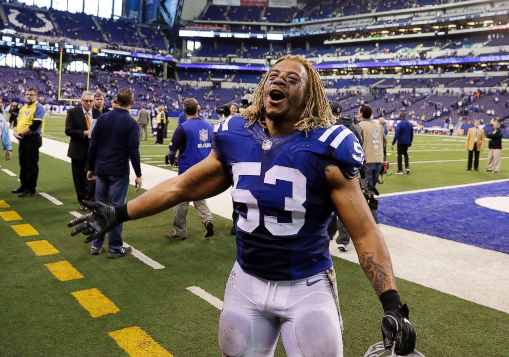 PHOTO: Indianapolis Colts linebacker Edwin Jackson walks off the field following an NFL game against the Tennessee Titans, Nov. 20, 2016, in Indianapolis.
