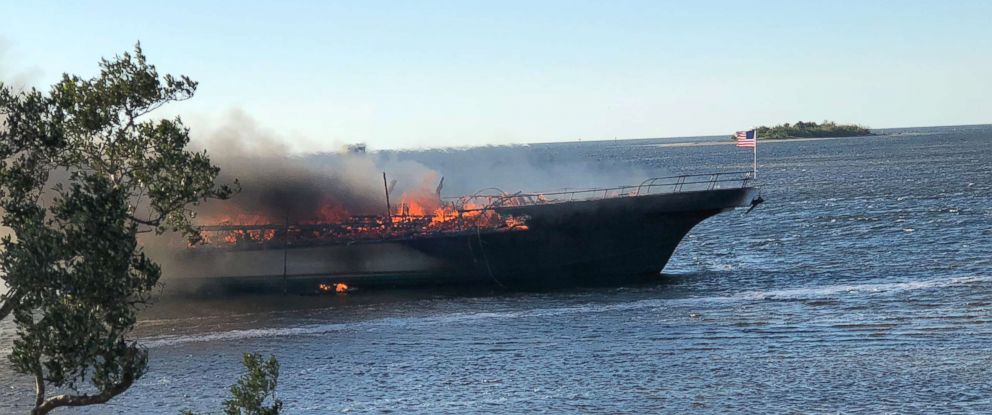 PHOTO: The Pasco Sheriffs Office released this photo of a boat on fire in the Port Richey canal in Florida, Jan. 14, 2018.