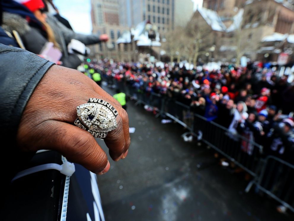 PHOTO: A view of Vince Wilforks championship ring during the Patriots Super Bowl victory parade on Boylston Street, Feb. 4, 2017.