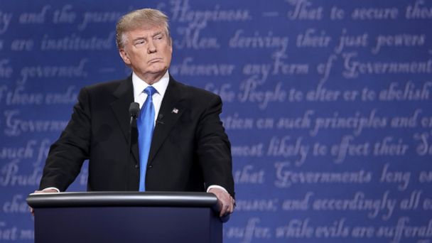 PHOTO: Donald Trump stands at his podium during the Presidential Debate at Hofstra University on Sept. 26, 2016 in Hempstead, New York.  