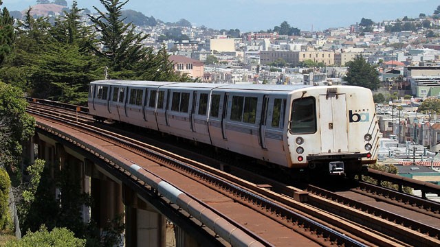 PHOTO: A Bay Area Rapid Transit train travels towards downtown San Francisco in San Francisco, California.