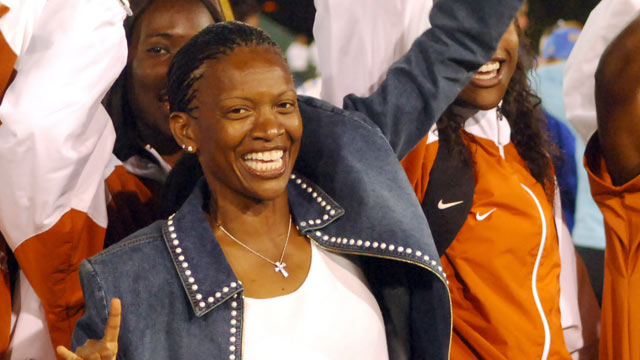 PHOTO: Texas womens coach Bev Kearney celebrates with her team after the Longhorns won the team title in the NCAA Track & Field Championships at Sacramento States Hornet Stadium in Sacramento, Calif. on June 11, 2005.