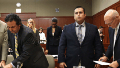 PHOTO: Defense attorney Mark O'Mara, with jury consultant Robert Hirschhorn, defendant George Zimmerman and co-counsel Don West, stand during an arrival of the judge in the courtroom in Seminole circuit court on the 7th day of his trial June 18, 2013, in 