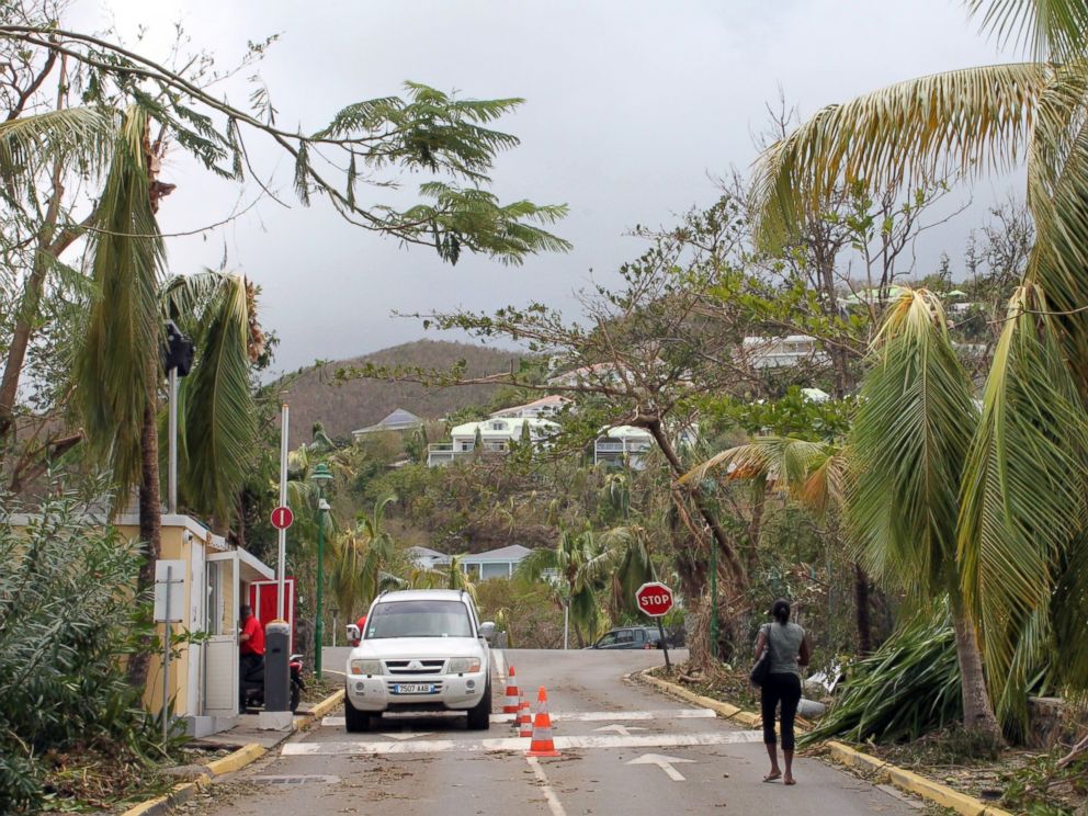 PHOTO: A woman walks past damaged trees in Orient Bay on the French Caribbean island of Saint Martin on Oct. 14, 2014.