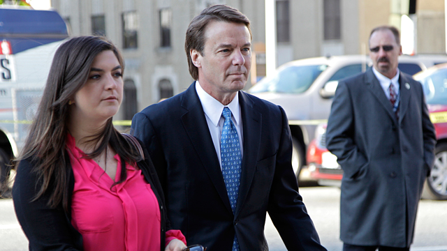 PHOTO: Former presidential candidate and U.S. Sen. John Edwards, center, arrives outside federal court with his daughter Cate, left, in Greensboro, N.C.