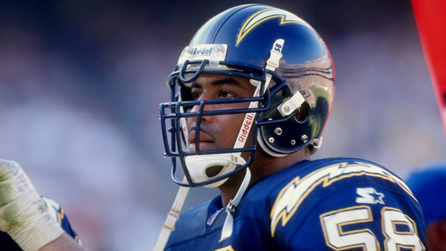 PHOTO: Linebacker Lew Bush #58 of the San Diego Chargers looks on during the game against the Baltimore Ravens at the Qualcomm Stadium in San Diego, California.
