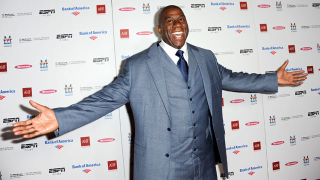 PHOTO: Earvin "Magic" Johnson arrives at the premiere of ESPN Films "The Announcement" at Regal Cinemas L.A. Live, March 6, 2012 in Los Angeles, California.