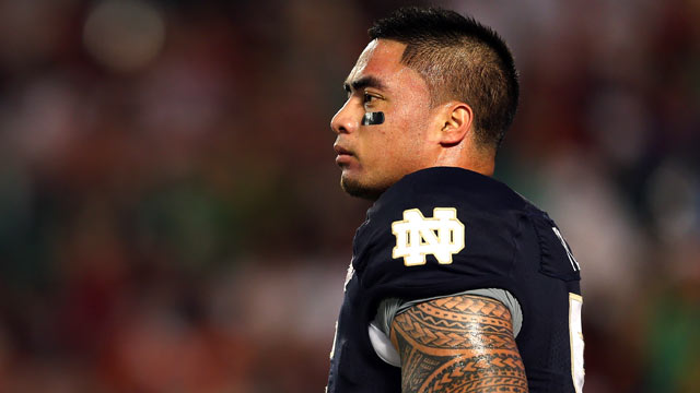 PHOTO: Manti Teo, #5 of the Notre Dame Fighting Irish warms up prior to playing against the Alabama Crimson Tide in the 2013 Discover BCS National Championship game at Sun Life Stadium, Jan. 7, 2013 in Miami Gardens, Fla.