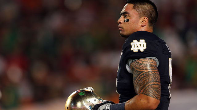 PHOTO: Manti Teo of the Notre Dame Fighting Irish warms up prior to playing against the Alabama Crimson Tide in the 2013 Discover BCS National Championship game, Jan. 7, 2013 in Miami Gardens, Fla.