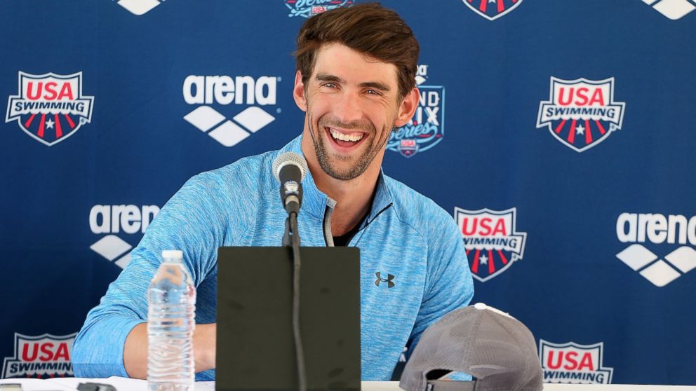 PHOTO: Michael Phelps speaks at a press conference at the Skyline Aquatic Center on April 23, 2014 in Mesa, Ariz.