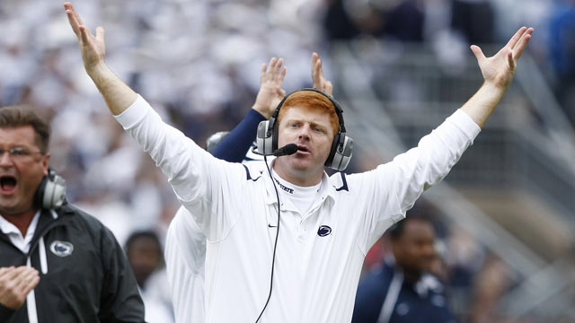 PHOTO: Assistant coach Mike McQueary of the Penn State Nittany Lions questions a penalty call during the game against the Eastern Illinois Panthers at Beaver Stadium, State College, Pa., Oct.10, 2009.