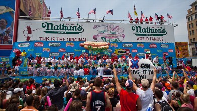 PHOTO: Competitive eaters are seen during to the 2011 Nathan's Famous Fourth of July International Hot Dog Eating Contest in Coney Island on July 4, 2011 in the Brooklyn borough of New York City.