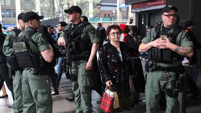 PHOTO: An Amtrak police special operations unit stands by outside of Penn Station, April 16, 2013 in New York City.
